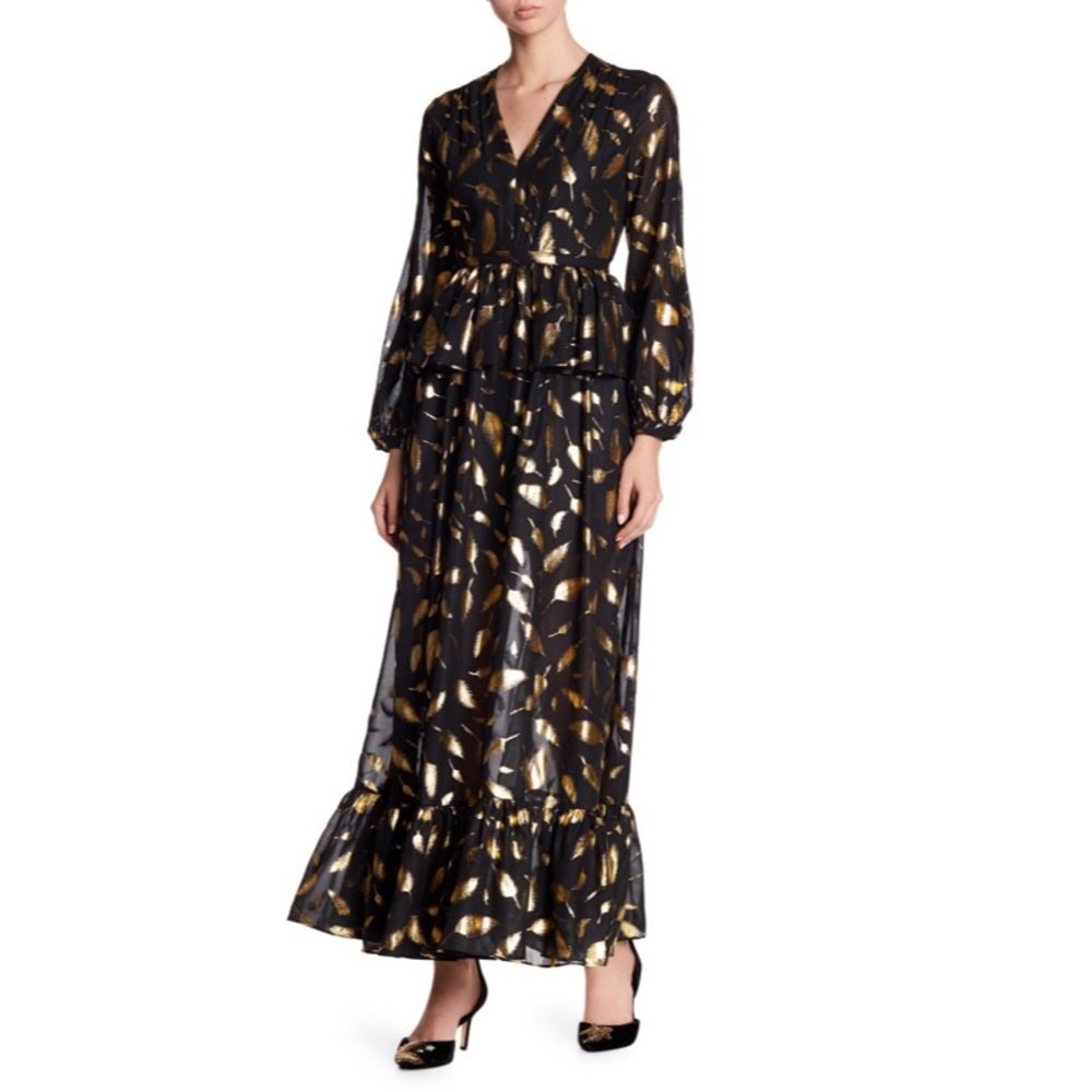 Gold leaf print ruffle dress